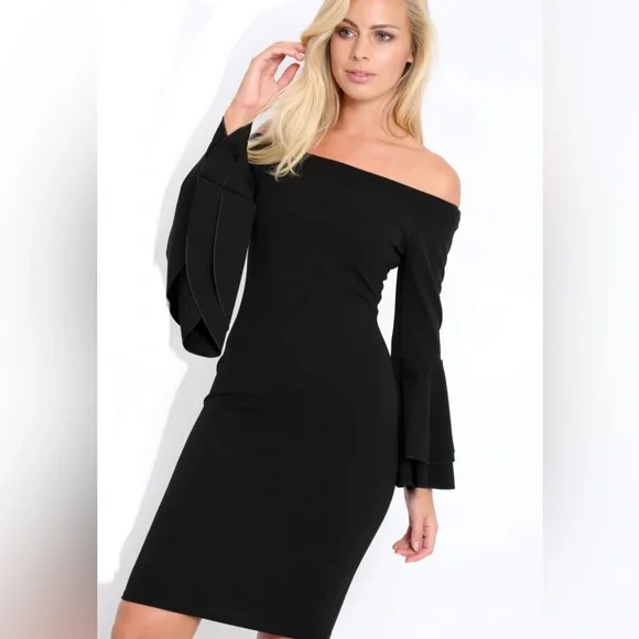 NWT Nordstrom Bardot Black Flares Sleeve Deess Size L - Picture 2 of 8